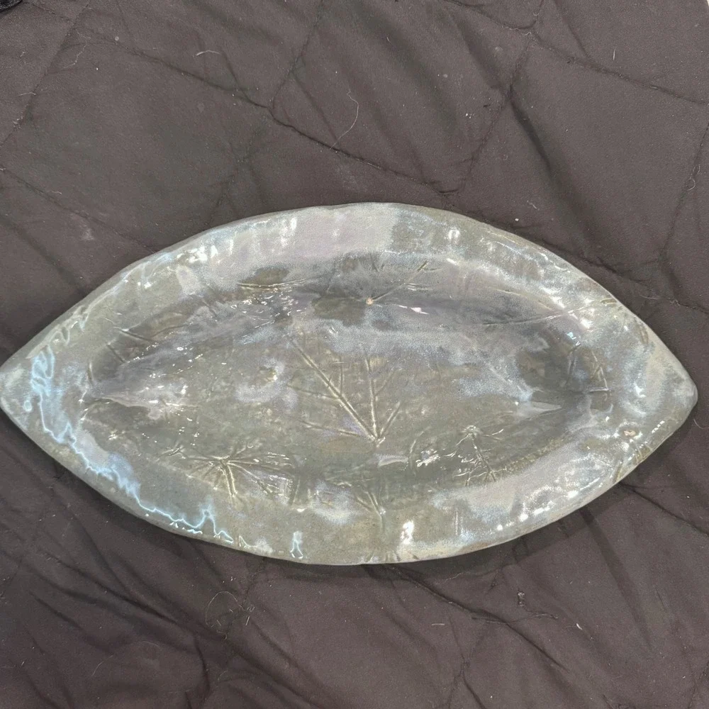 Unbranded Ceramic Leaf Platter Iridescent Blue Grey